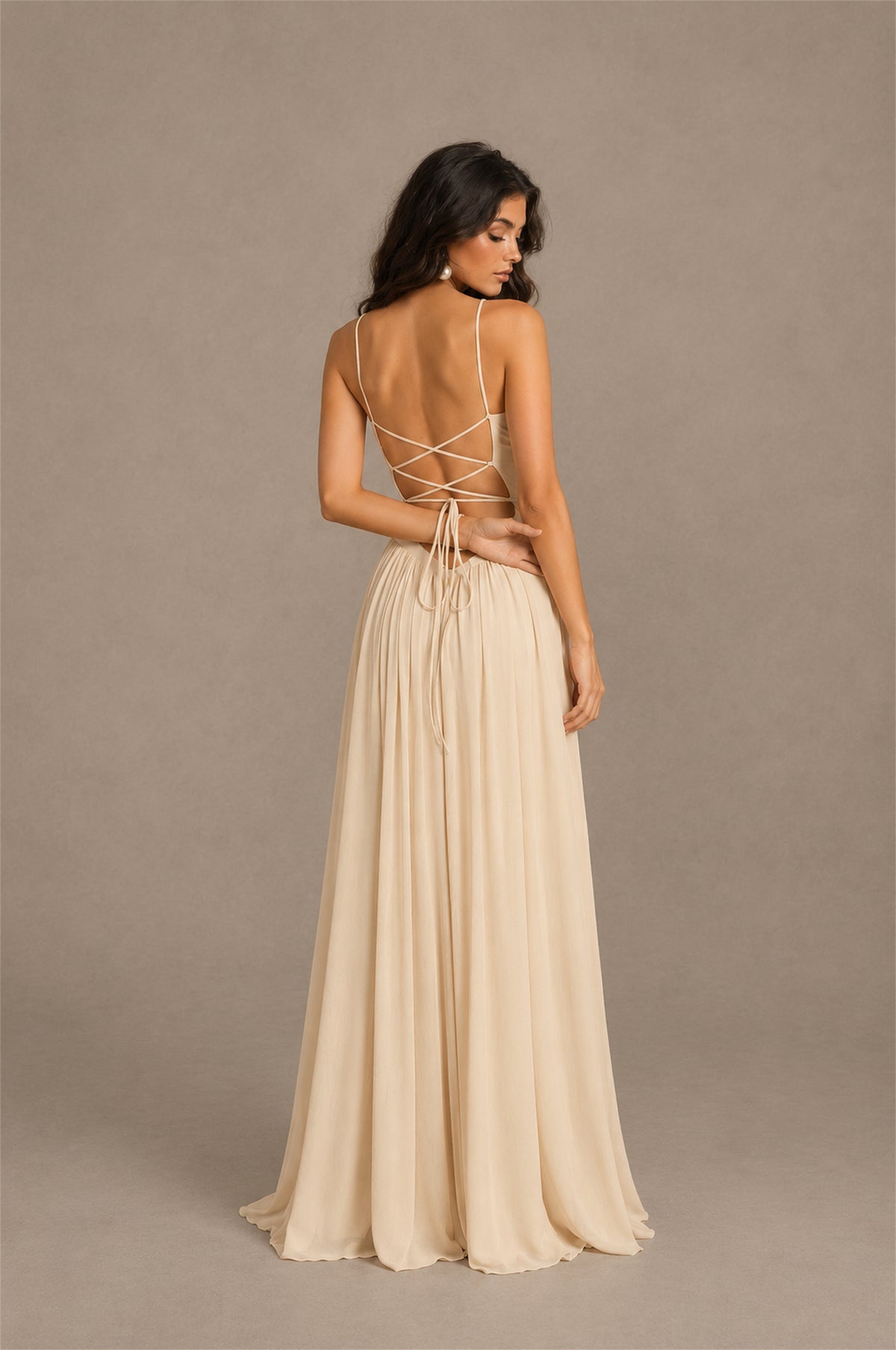 BOLODOO Champagne Spaghetti Strap Square Neck Ruched Chiffon Maxi Dress with Lace-Up Back - Champagne