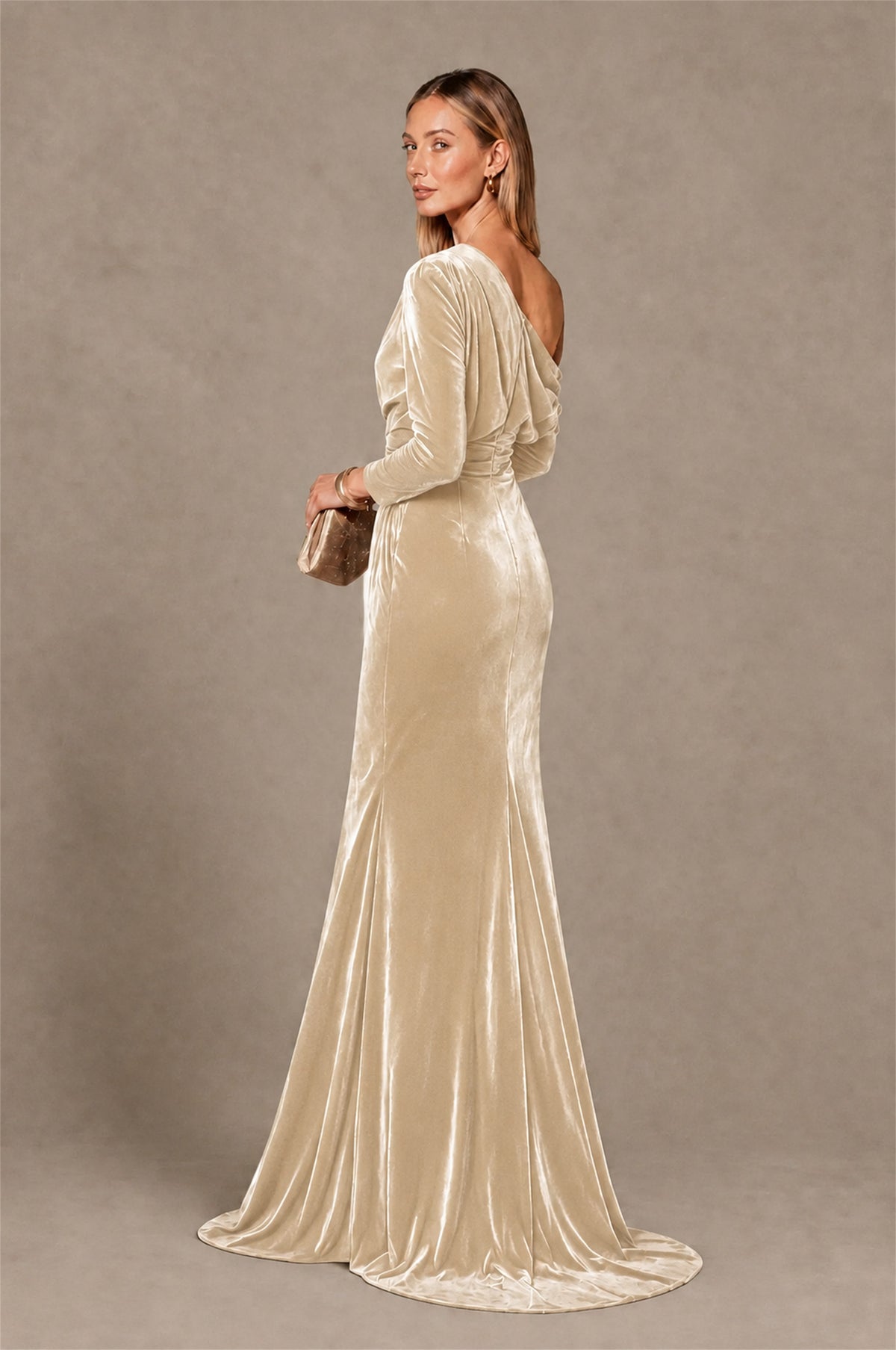 BOLODOO Champagne Velvet One-Shoulder Long Sleeve Evening Gown - Champagne