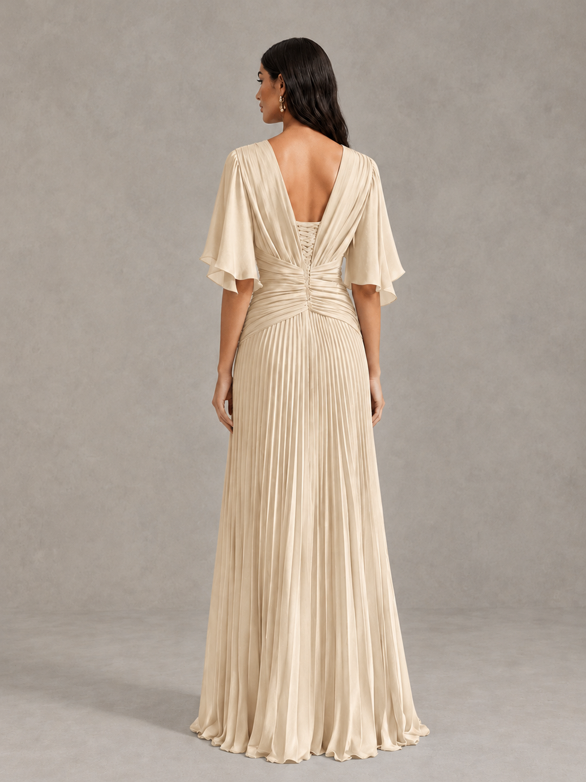BOLODOO Champagne Pleated V-Neck Flutter Sleeve Bridesmaid Dress - Champagne - Champagne (2)