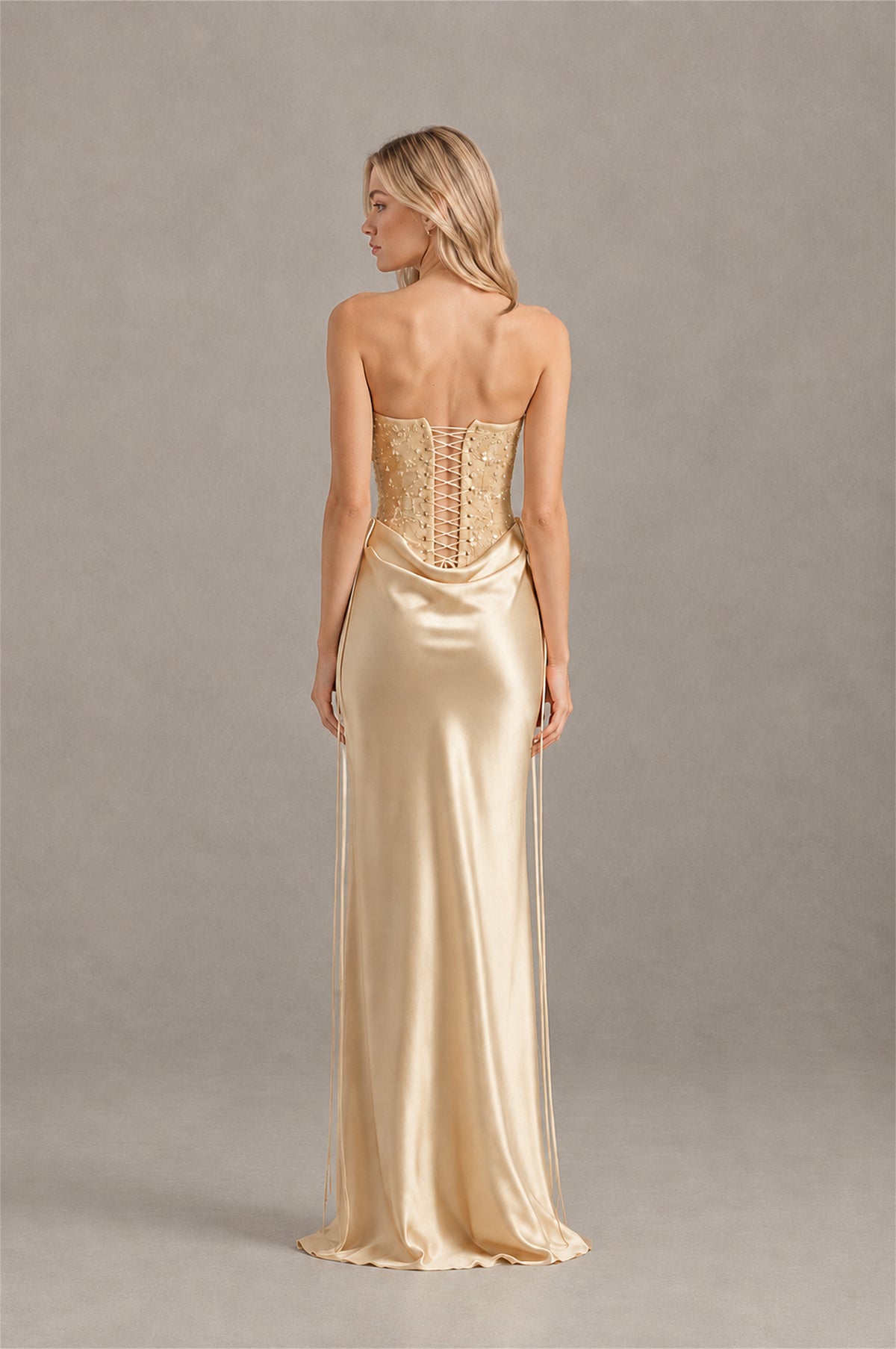 BOLODOO Champagne Strapless Embellished Corset Satin-Look Maxi Dress - Champagne