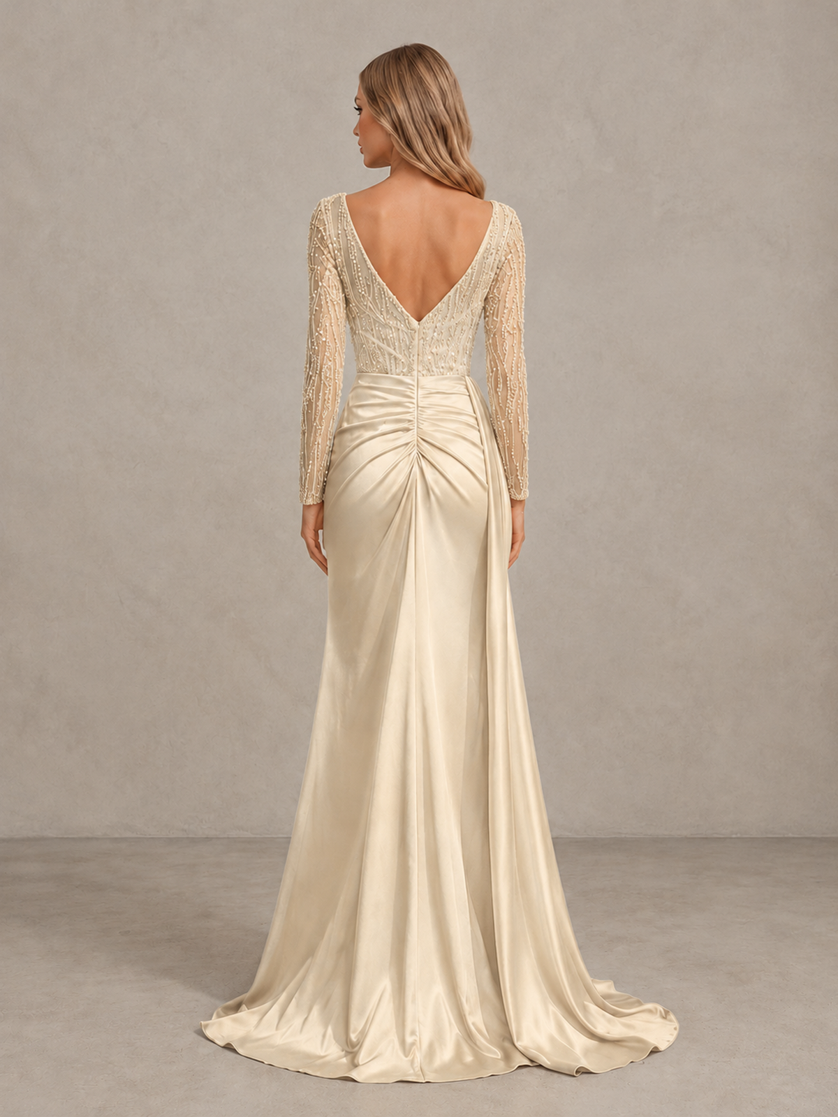 BOLODOO Champagne Long Sleeve Lace Evening Dress with High Slit - Champagne - Champagne (2)