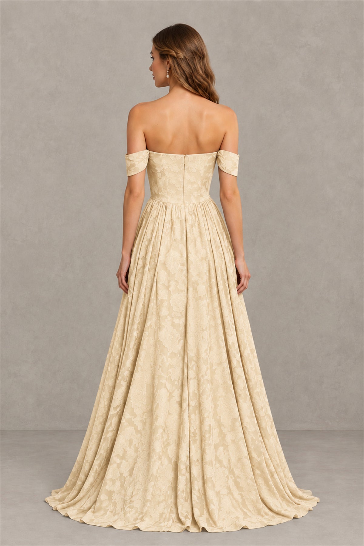 BOLODOO Champagne Off-Shoulder Floral A-Line Maxi Dress - Champagne