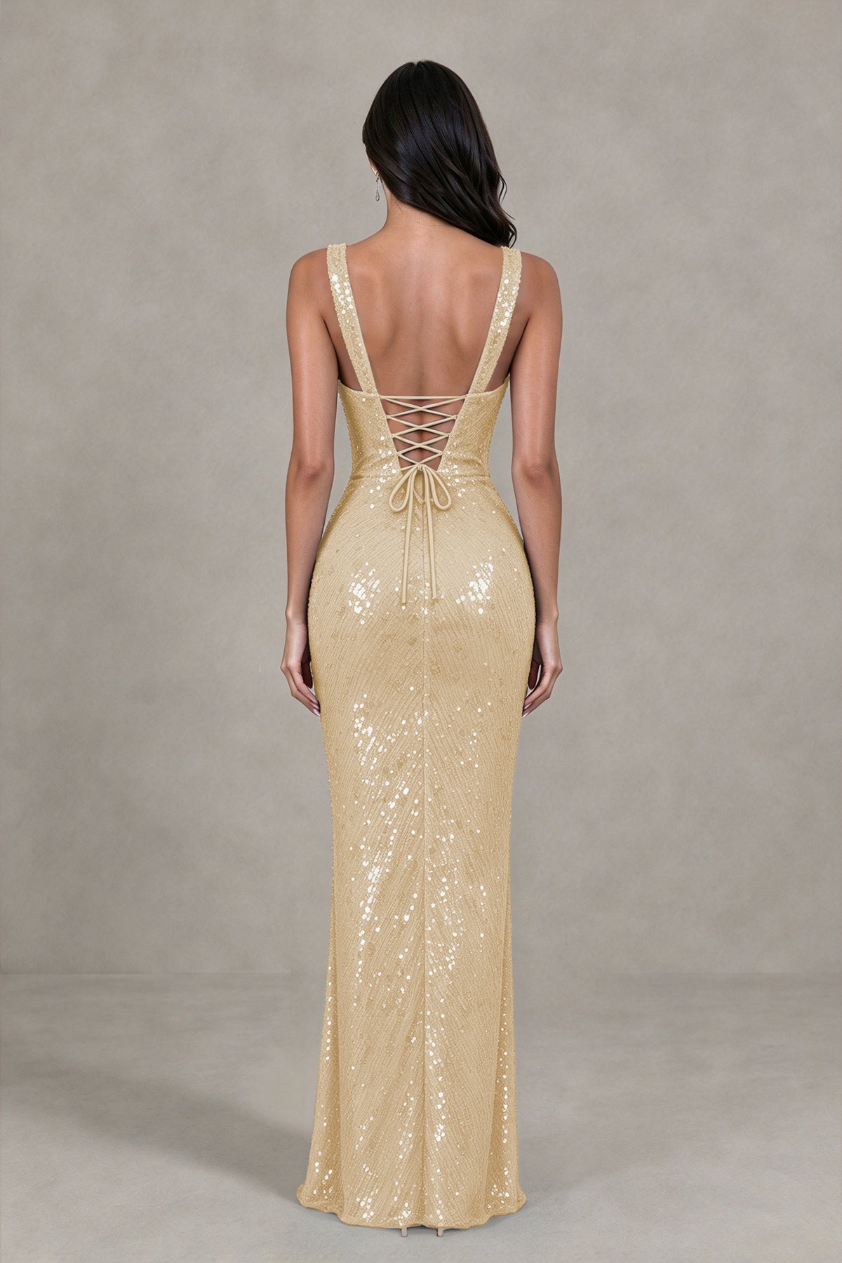 BOLODOO Champagne Sequin Deep V-Neck Lace-Up Back High-Slit Evening Dress - Champagne - Champagne (2)