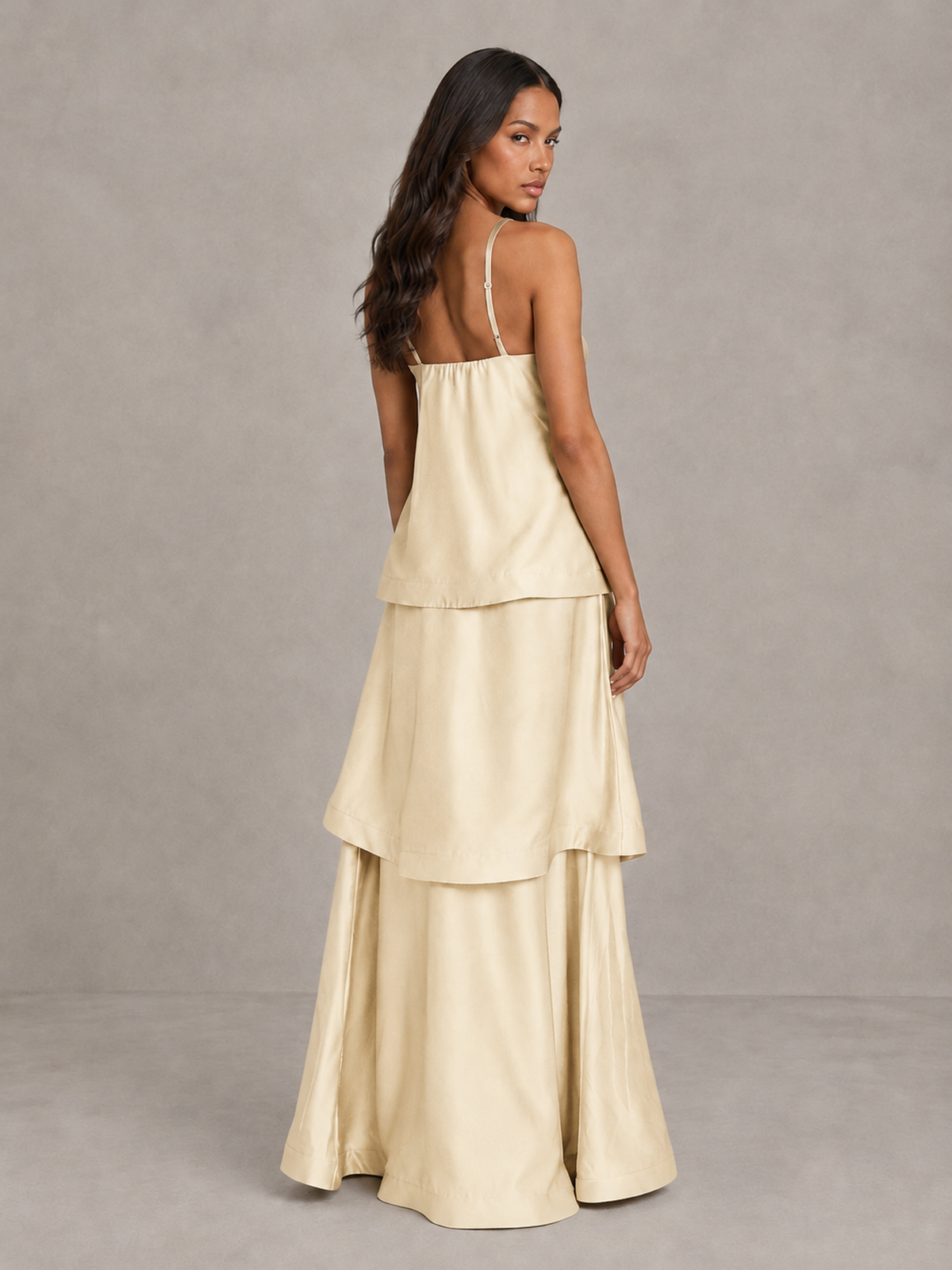 BOLODOO Champagne Satin Tiered Maxi Dress with Spaghetti Straps - Champagne
