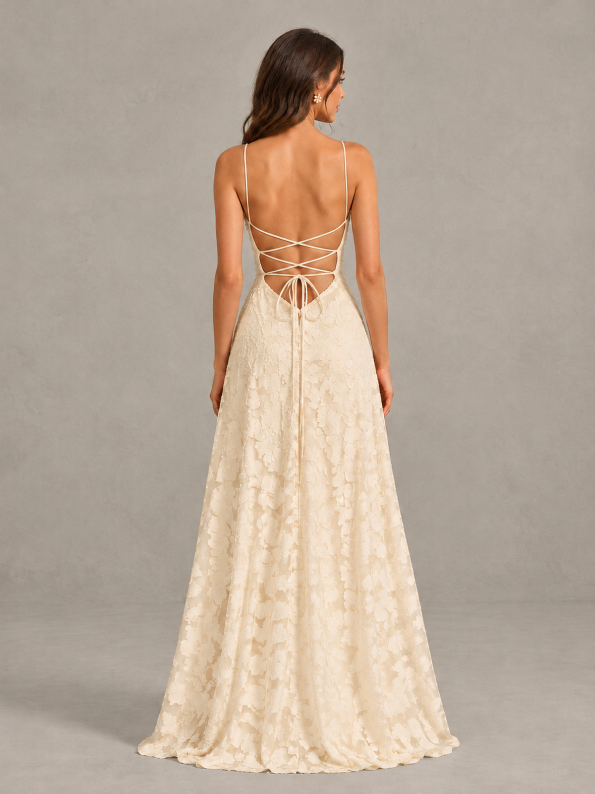 BOLODOO Champagne Floral Appliqué Slit Maxi Dress - Champagne - Champagne (2)