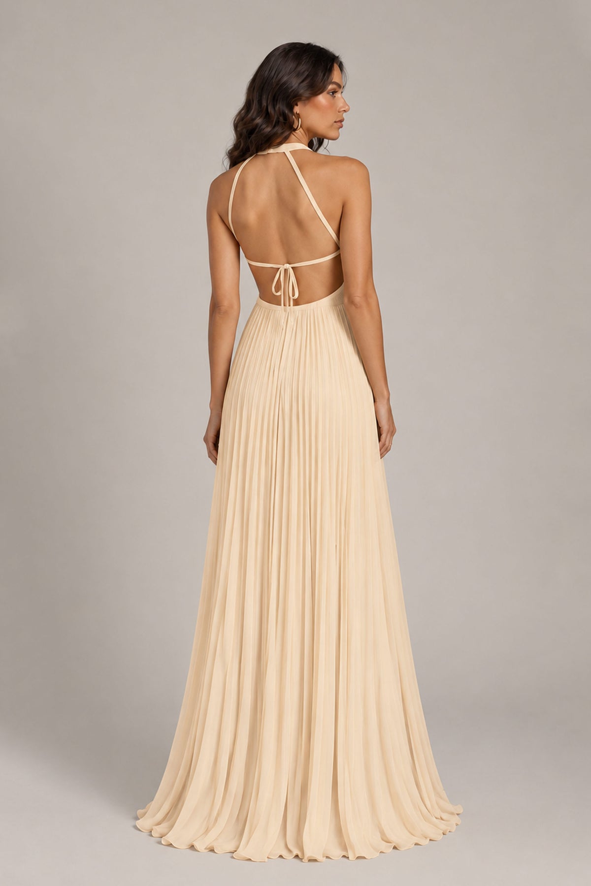 BOLODOO Champagne Halter Neck Pleated Chiffon Maxi Dress with Side Slit - Champagne