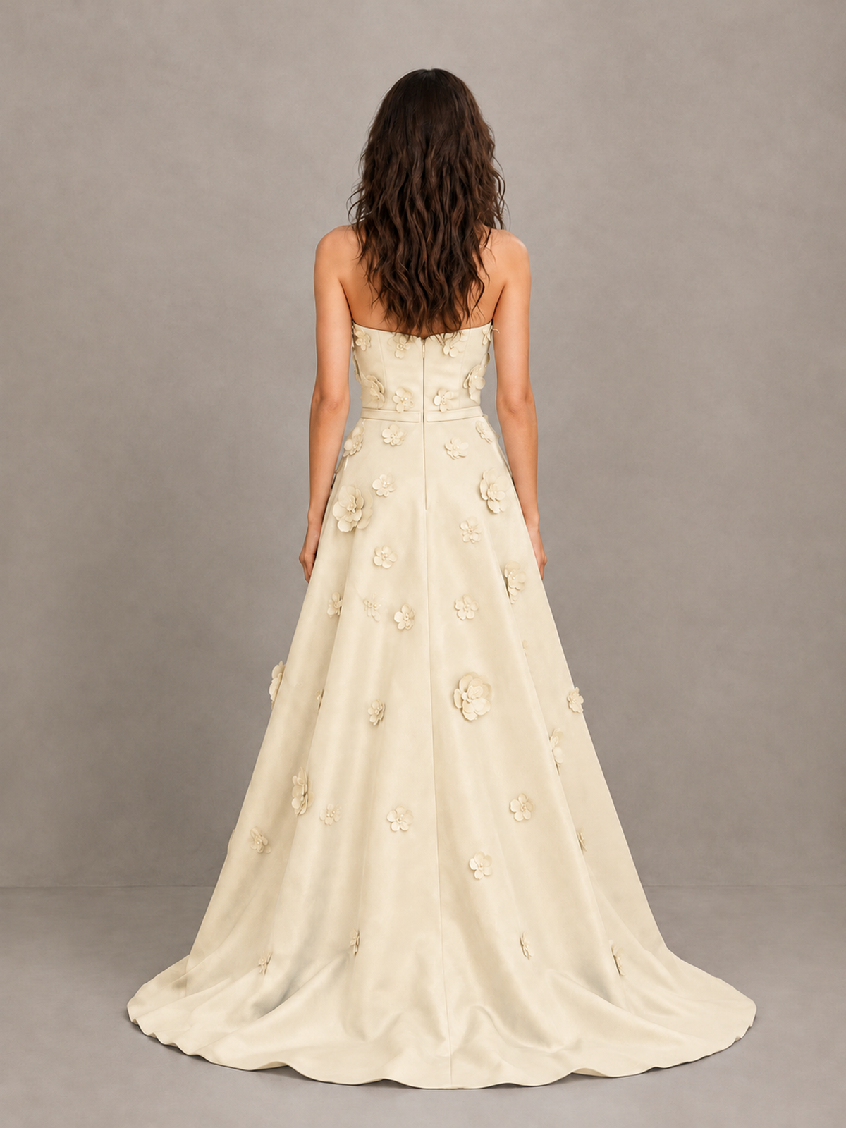 BOLODOO Champagne Strapless 3D Floral Applique Prom Gown with Draped Skirt - Champagne - Champagne (2)