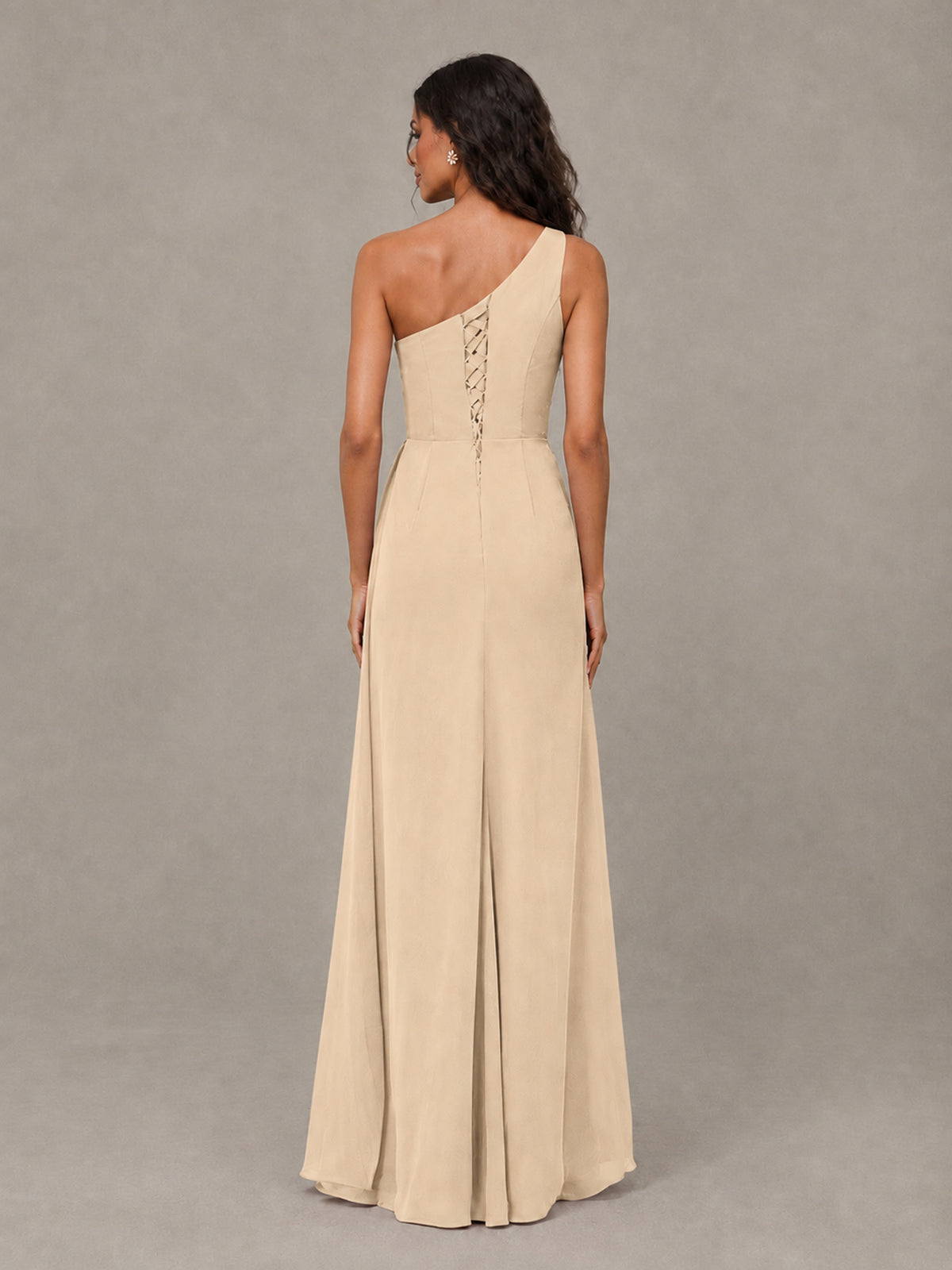 BOLODOO Champagne One-Shoulder Chiffon Bridesmaid Dress with Ruched Bodice & High Slit - Champagne - Champagne (2)