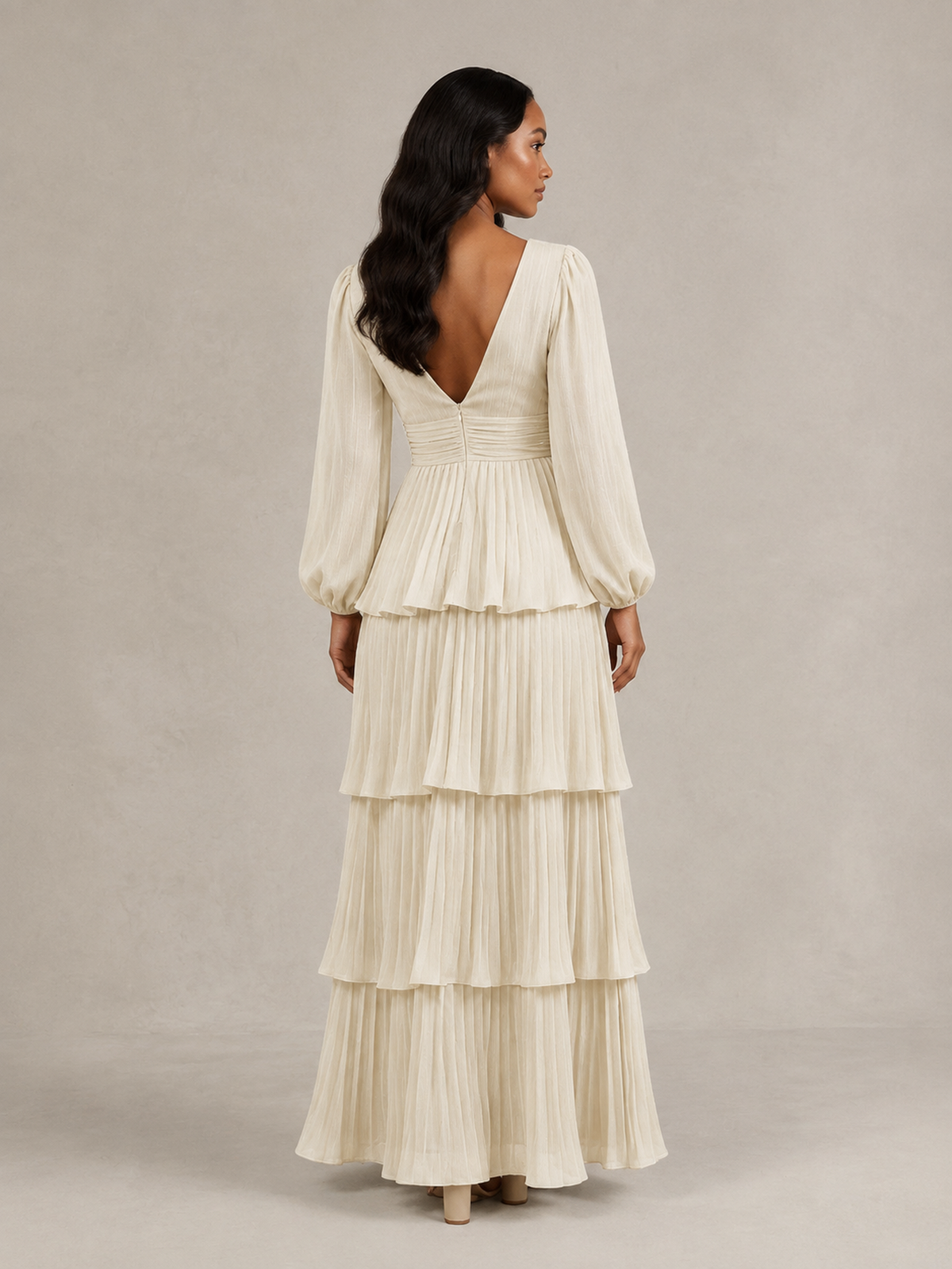 BOLODOO Champagne Long-Sleeve Tiered Maxi Dress with Deep V-Neck - Champagne