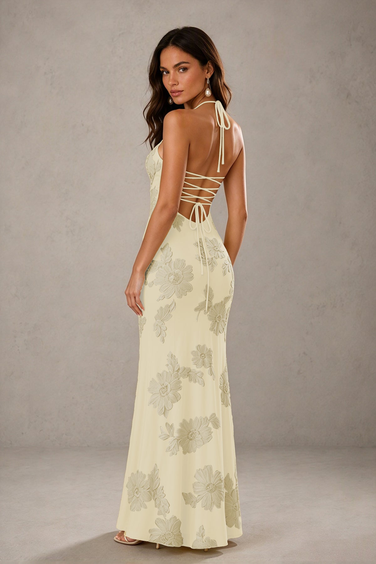 BOLODOO Champagne Halter Sweetheart Floral Embroidered Lace-Up Open Back Maxi Dress | BD0257 - Champagne