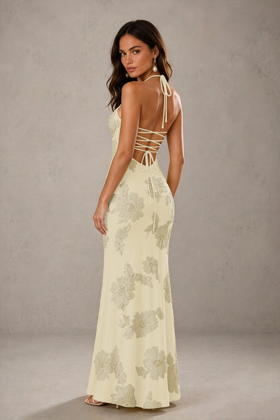 BOLODOO Champagne Halter Sweetheart Floral Embroidered Lace-Up Open Back Maxi Dress | BD0257 - Champagne