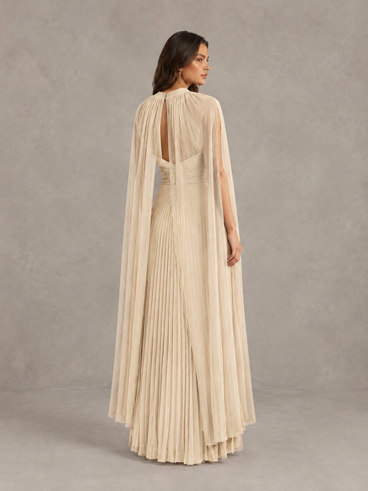 BOLODOO Champagne Pleated Cape Maxi Wedding Guest Dress - Champagne - Champagne (2)