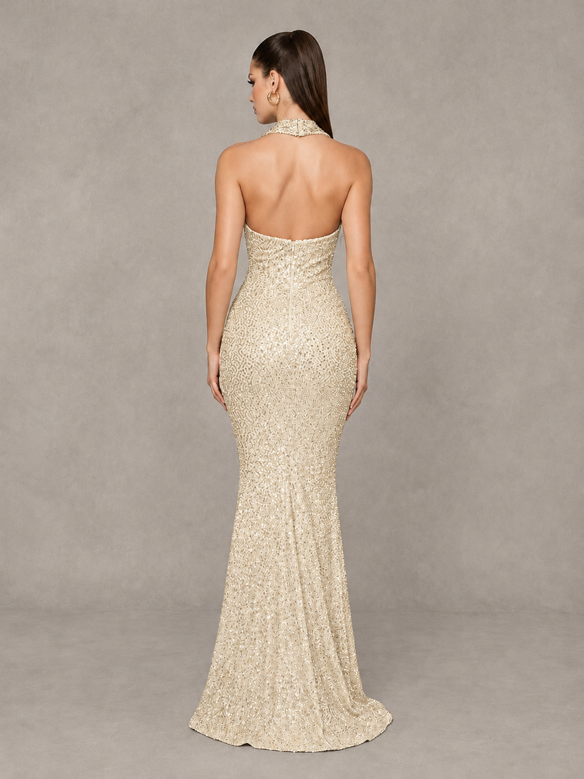 BOLODOO Champagne Sequin Halter Mermaid Evening Gown - Champagne - Champagne (2)