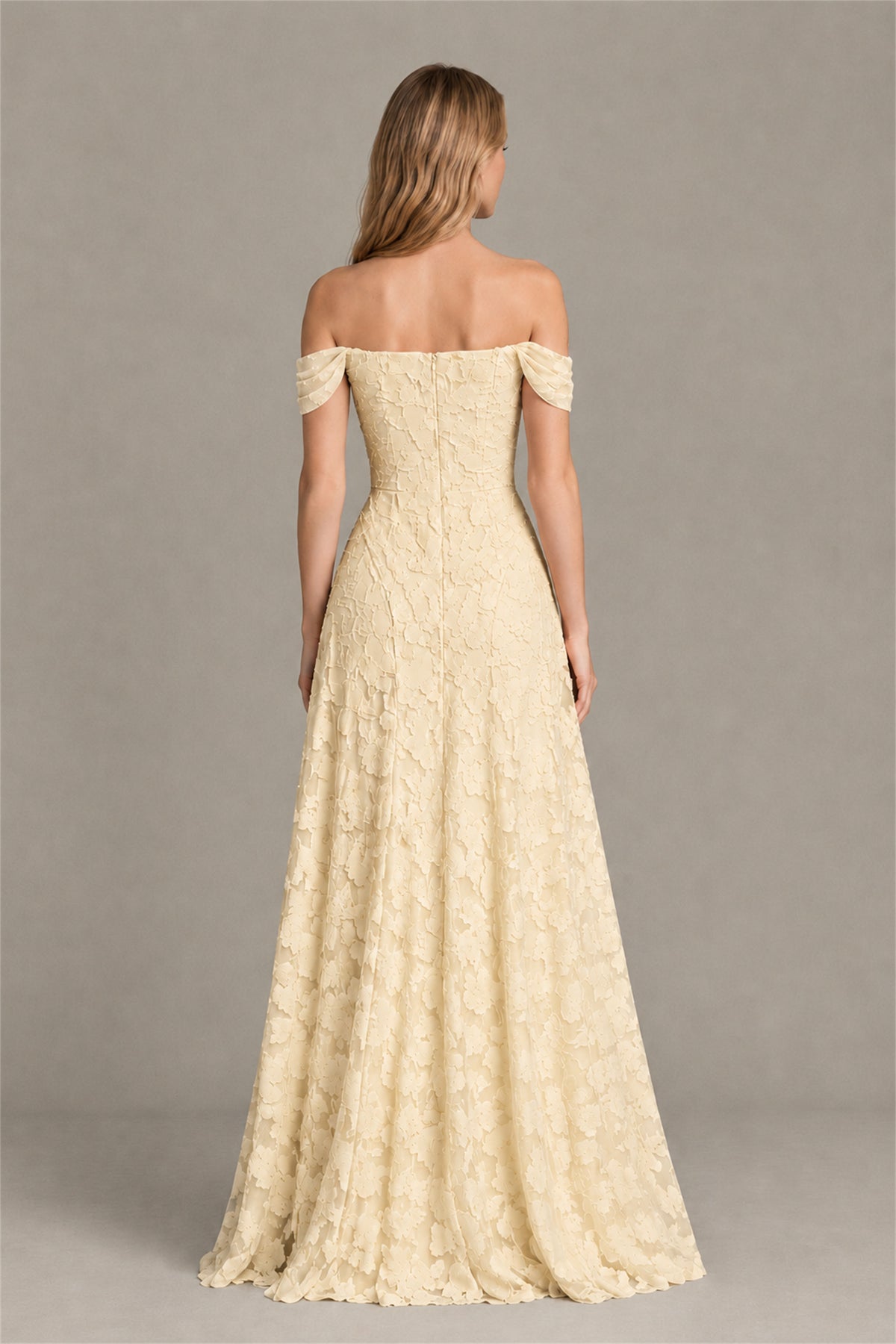 BOLODOO Champagne Off-Shoulder Pleated A-Line Maxi Dress Floral - Champagne