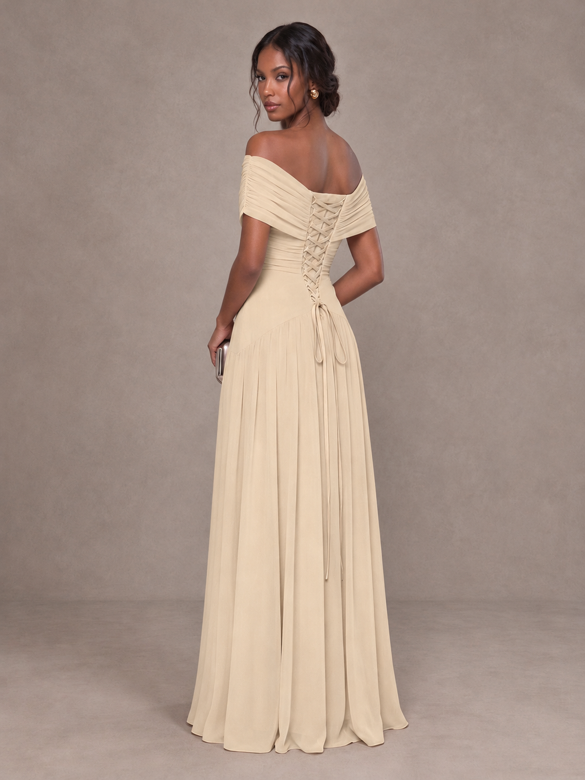 BOLODOO Champagne Off-Shoulder Ruched A-Line Bridesmaid Dress - Champagne - Champagne (2)