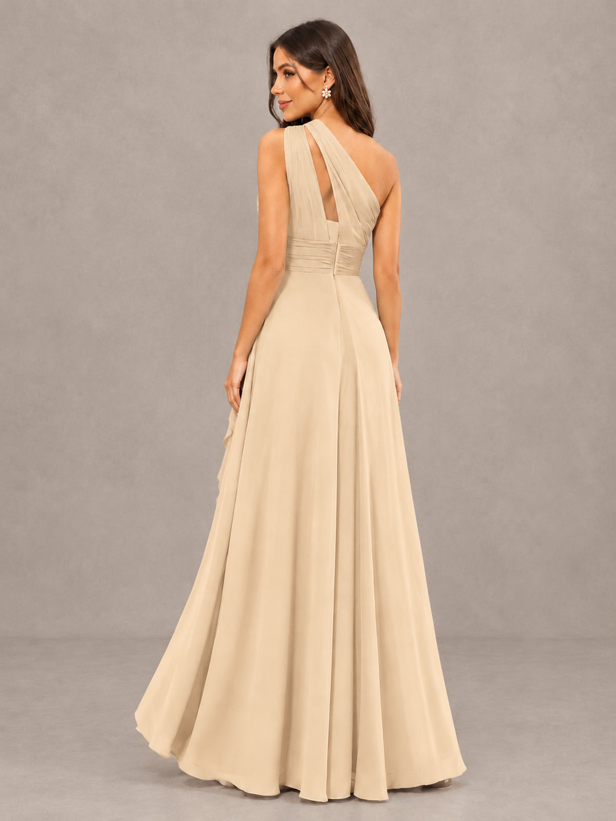 BOLODOO Champagne One-Shoulder Ruffle Bridesmaid Dress with Slit - Champagne - Champagne (2)