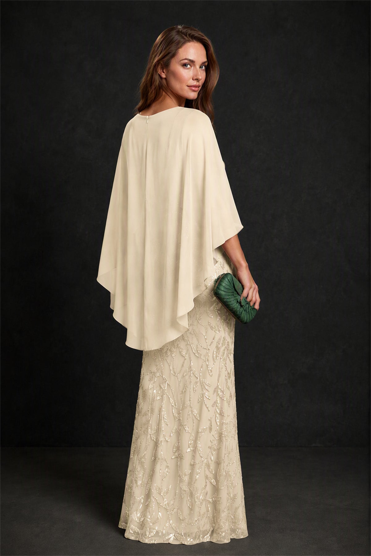 BOLODOO Champagne Round Neck Chiffon Cape Overlay Sequin Lace Mermaid Maxi Dress - Champagne