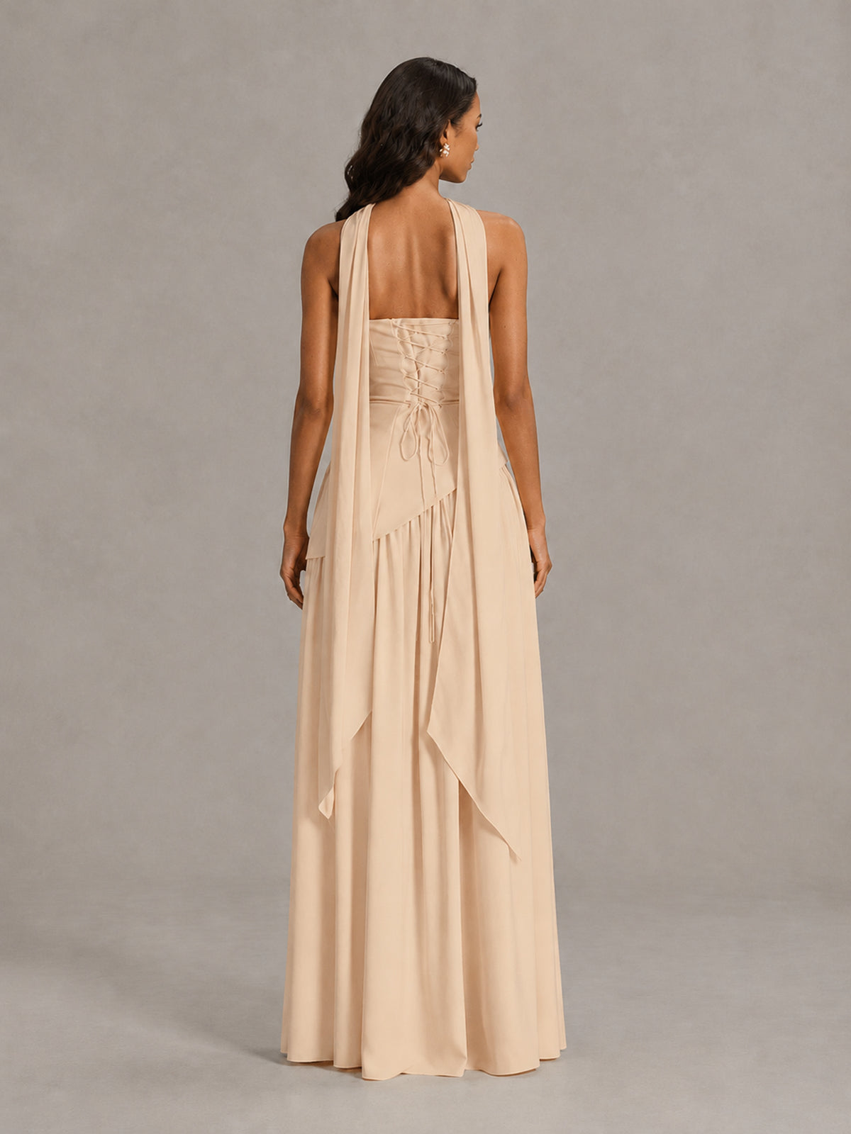 Champagne Strapless Bridesmaid Dress with Scarf & High Slit - Champagne - Champagne (2)