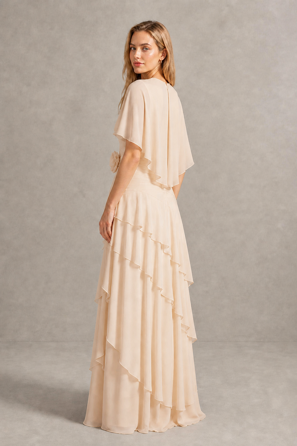 BOLODOO Champagne Chiffon Flutter Sleeve Tiered Maxi Dress with 3D Rosette - Champagne