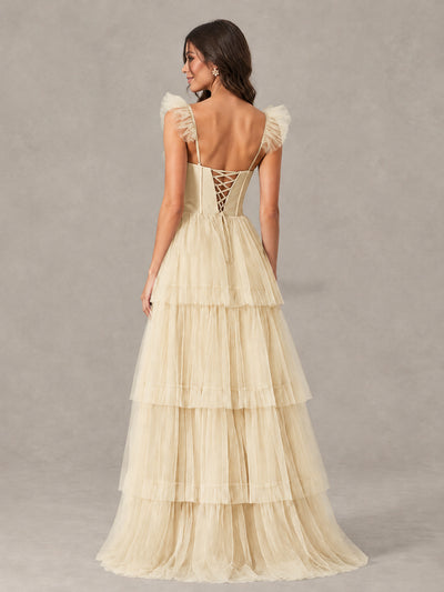 BOLODOO Champagne Tiered Tulle Bridesmaid Dress with Slit - Champagne - Champagne (2)