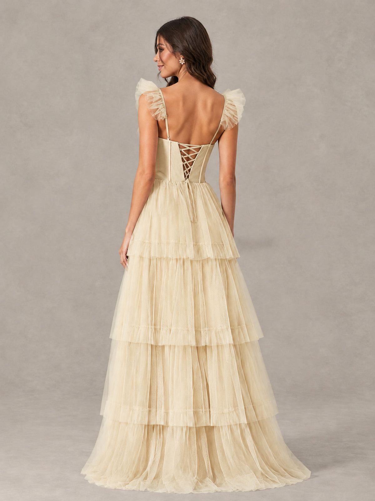 BOLODOO Champagne Tiered Tulle Bridesmaid Dress with Slit - Champagne - Champagne (2)