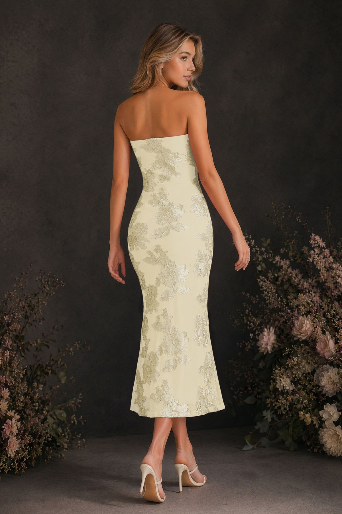 BOLODOO Champagne Tonal Floral Embroidered Mesh Strapless Open Back Bodycon Midi Tea Length Dress - Champagne