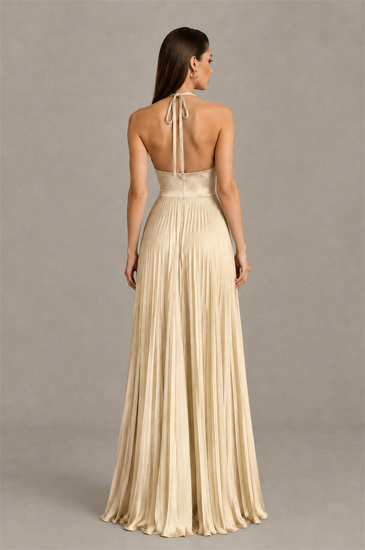 BOLODOO Champagne Halter Pleated A-Line Evening Dress - Champagne