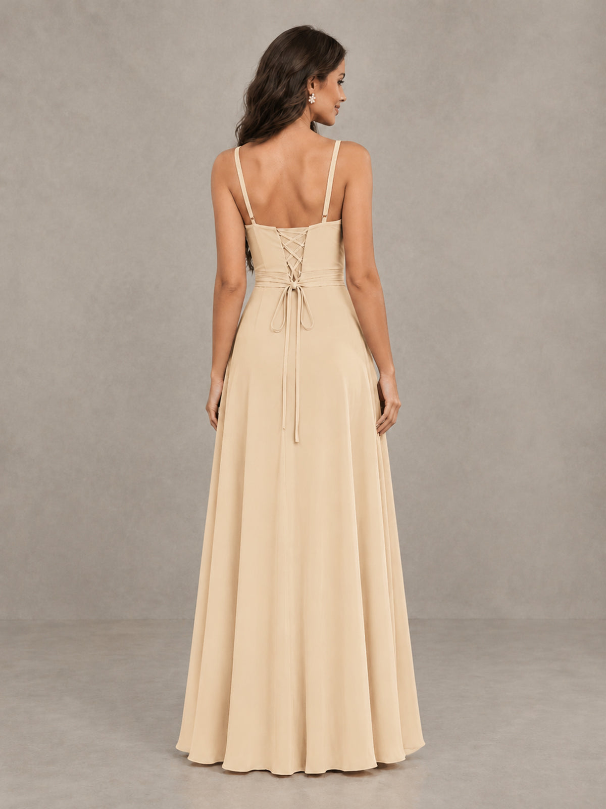 BOLODOO Champagne Spaghetti Strap Ruffle Bridesmaid Dress with Slit - Champagne - Champagne (2)