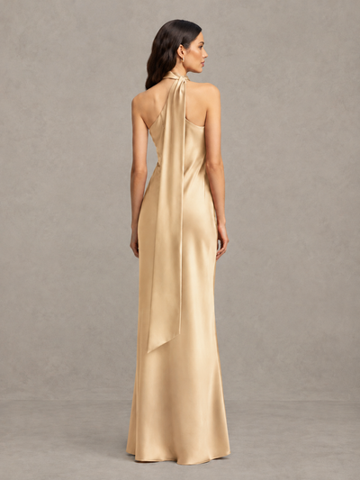 BOLODOO Champagne Satin One-Shoulder Bridesmaid Dress with Open Back - Champagne - Champagne (2)