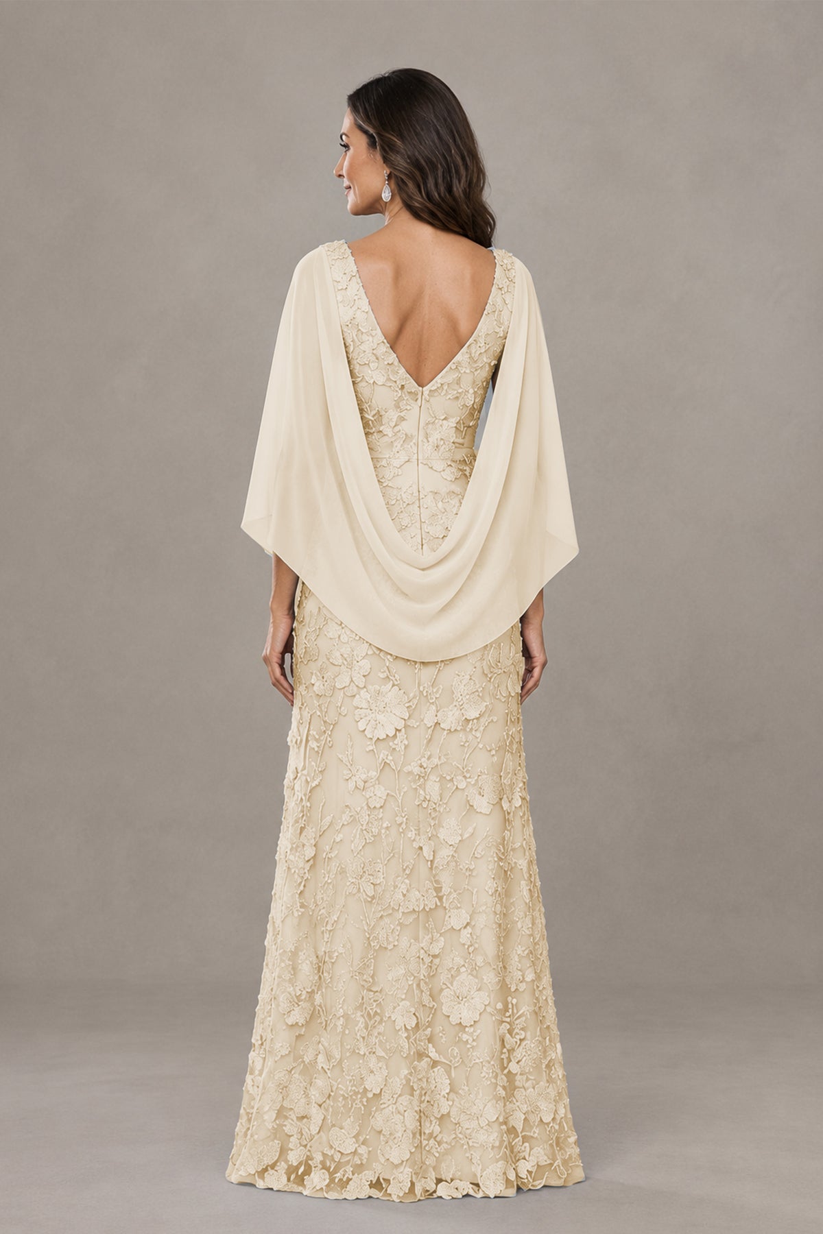 BOLODOO Champagne Lace Mother of the Bride Dress with Cape Sleeves - Champagne