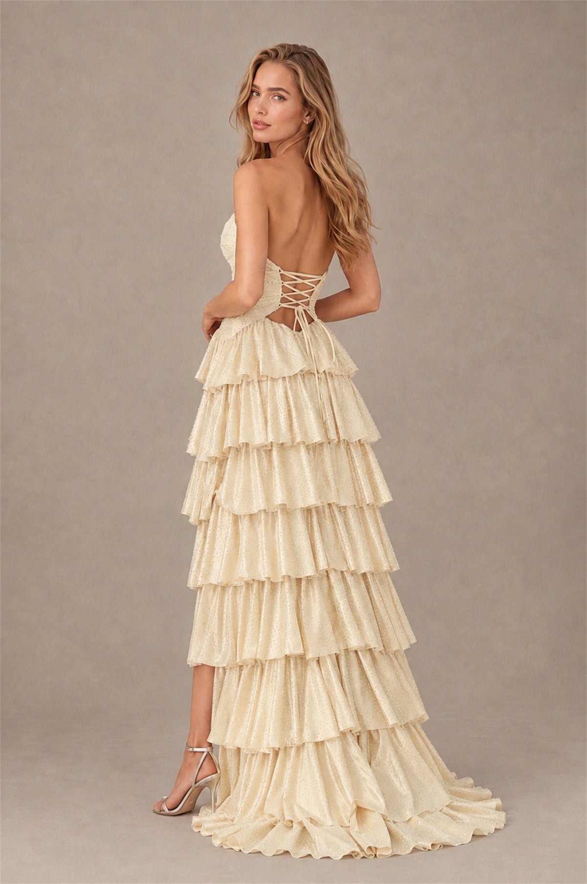 BOLODOO Champagne Strapless Cutout Tiered Ruffle Prom Dress with High Slit - Champagne - Champagne (2)