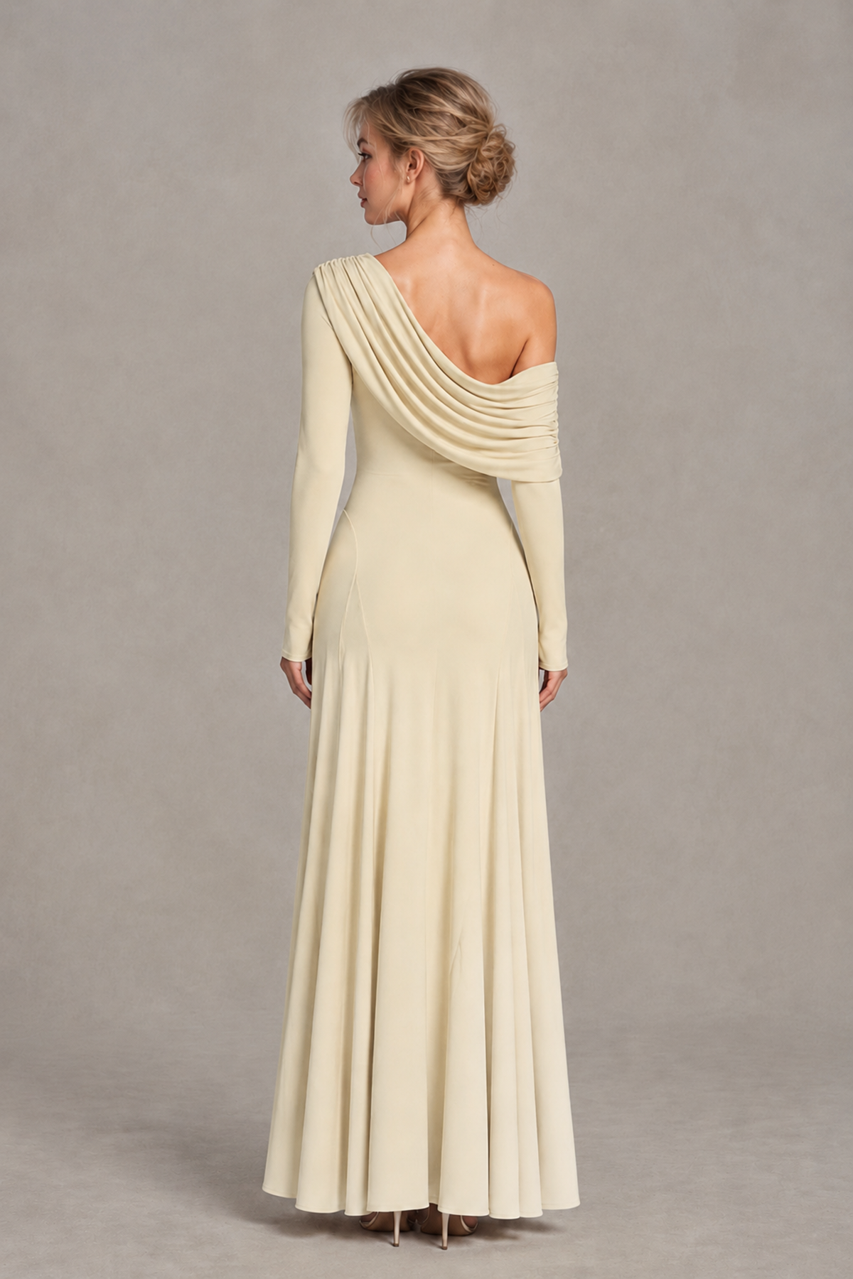 BOLODOO Champagne Asymmetric Draped Long Sleeve Evening Gown - Champagne