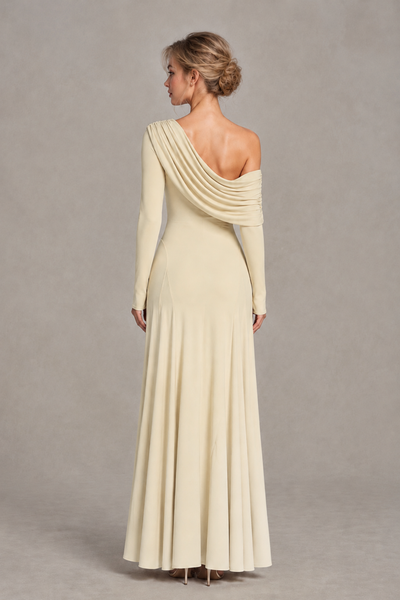 BOLODOO Champagne Asymmetric Draped Long Sleeve Evening Gown - Champagne