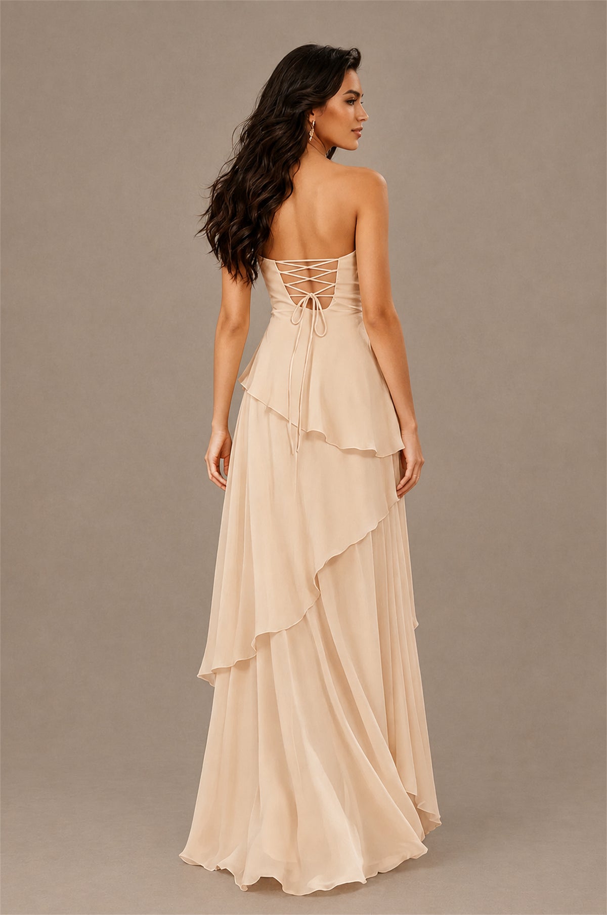 BOLODOO Champagne Strapless Sweetheart Knotted Chiffon Tiered Maxi Dress with Lace-Up Back - Champagne