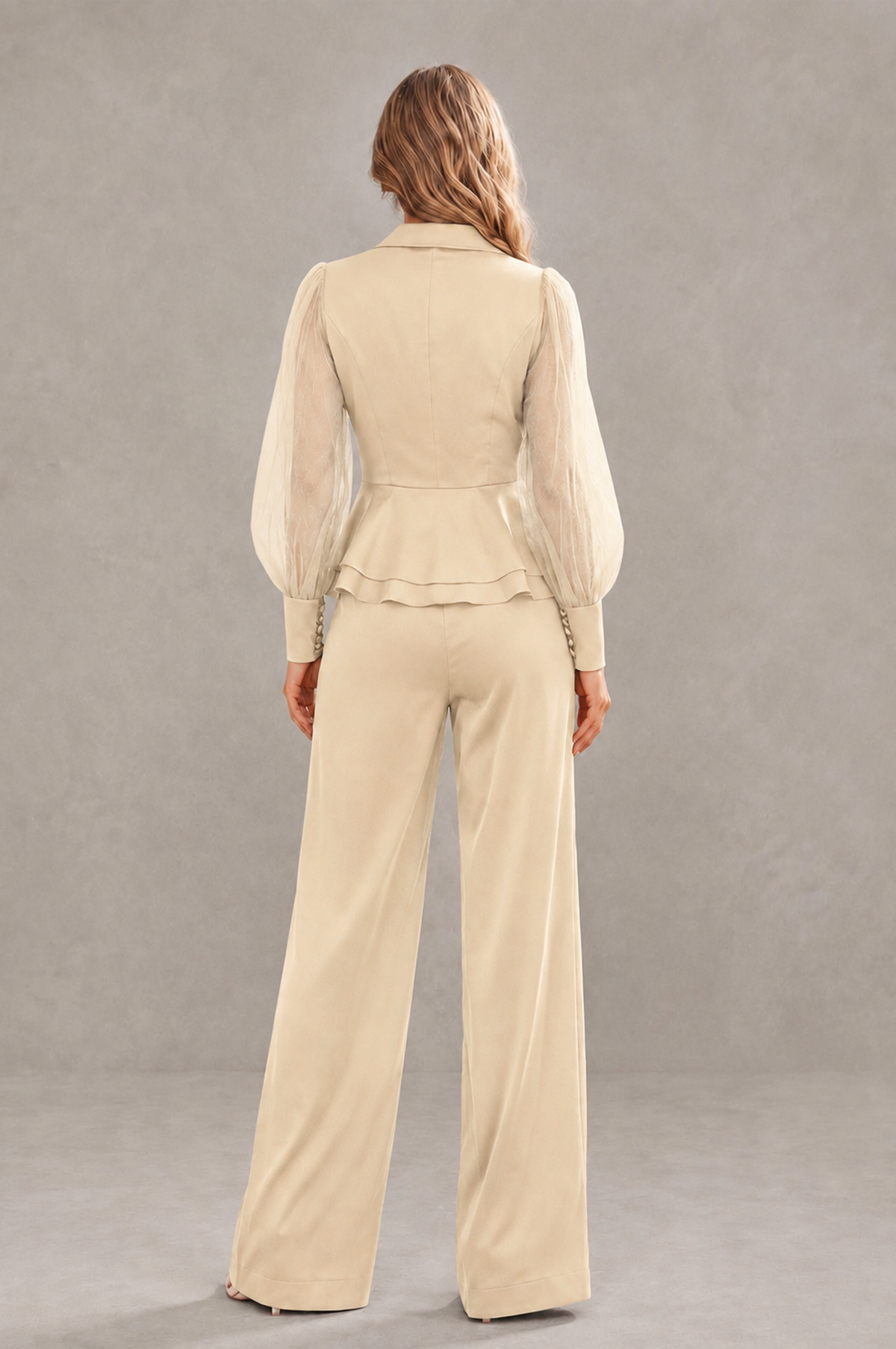 BOLODOO Mint Champagne Peplum Blazer Wide-Leg Pantsuit with Sheer Puff Sleeves - Champagne