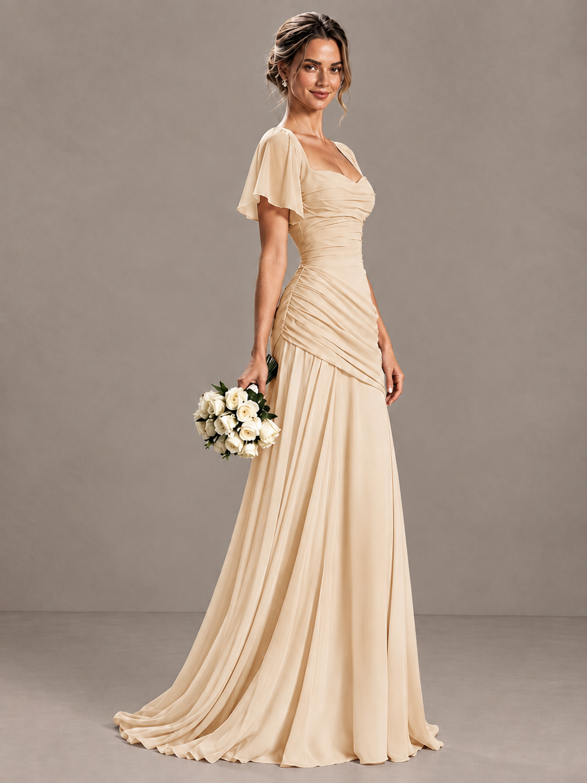BOLODOO Champagne Flutter Sleeve Lace-Up Back Maxi Dress - Champagne - Champagne (2)