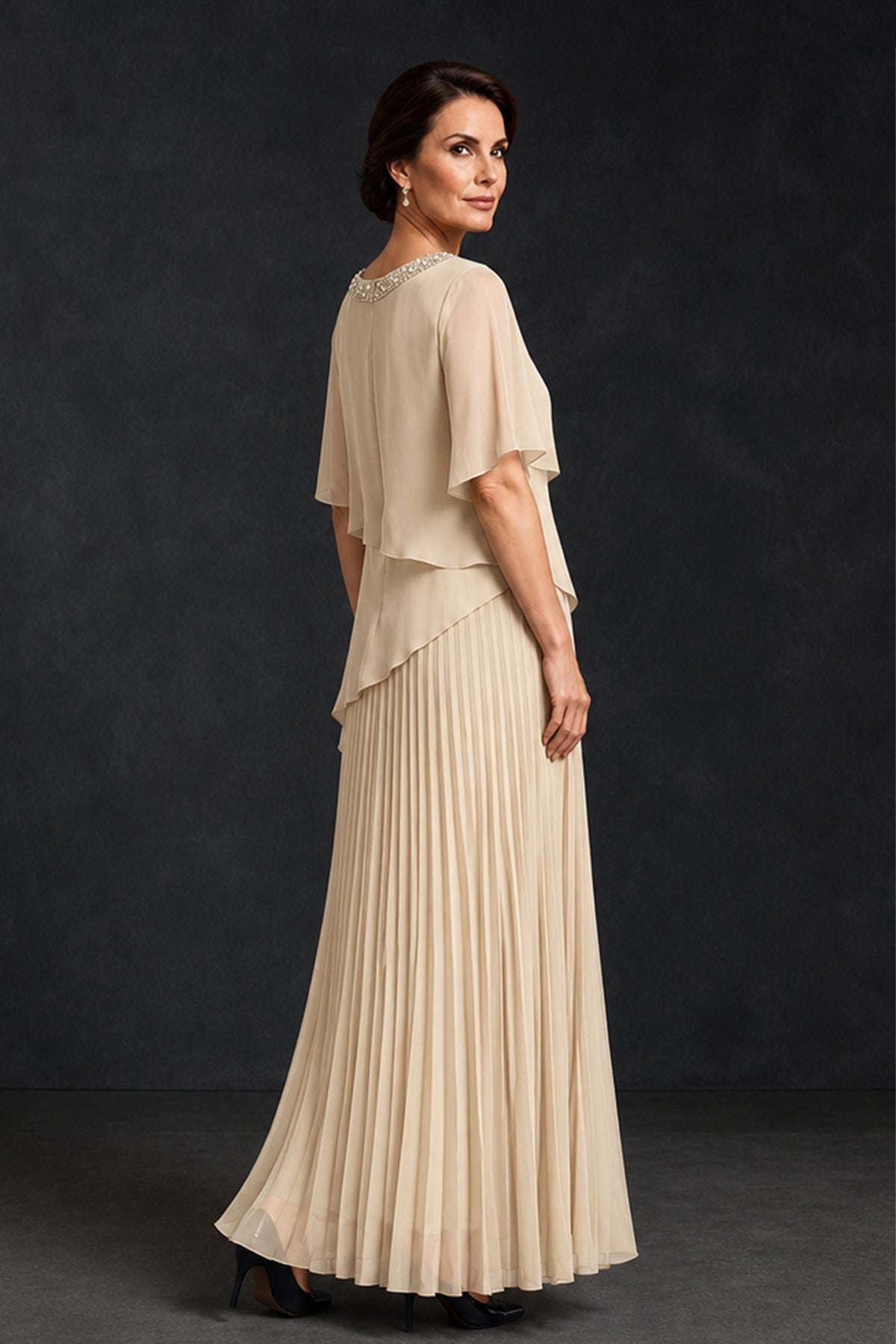 BOLODOO Champagne Pearl Beaded Neck Asymmetric Tiered Flutter Sleeve Pleated Chiffon Maxi Dress - Champagne