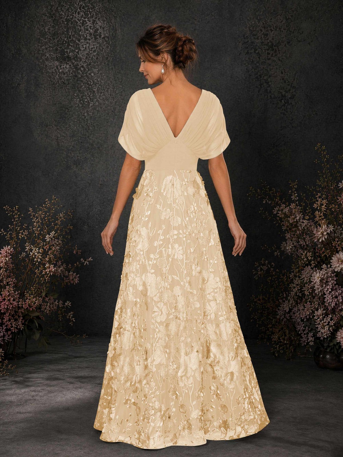 BOLODOO Champagne & Champagne Chiffon V-Neck Flutter Sleeve Floral Embroidered A-Line Gown BD0414 - Champagne