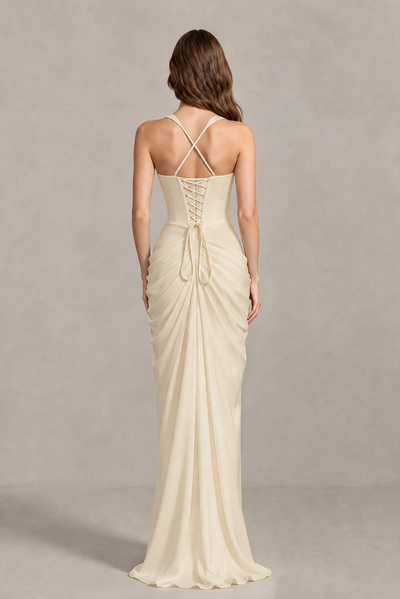 BOLODOO Chocolate Champagne Sweetheart Maxi Dress with High Slit - Champagne