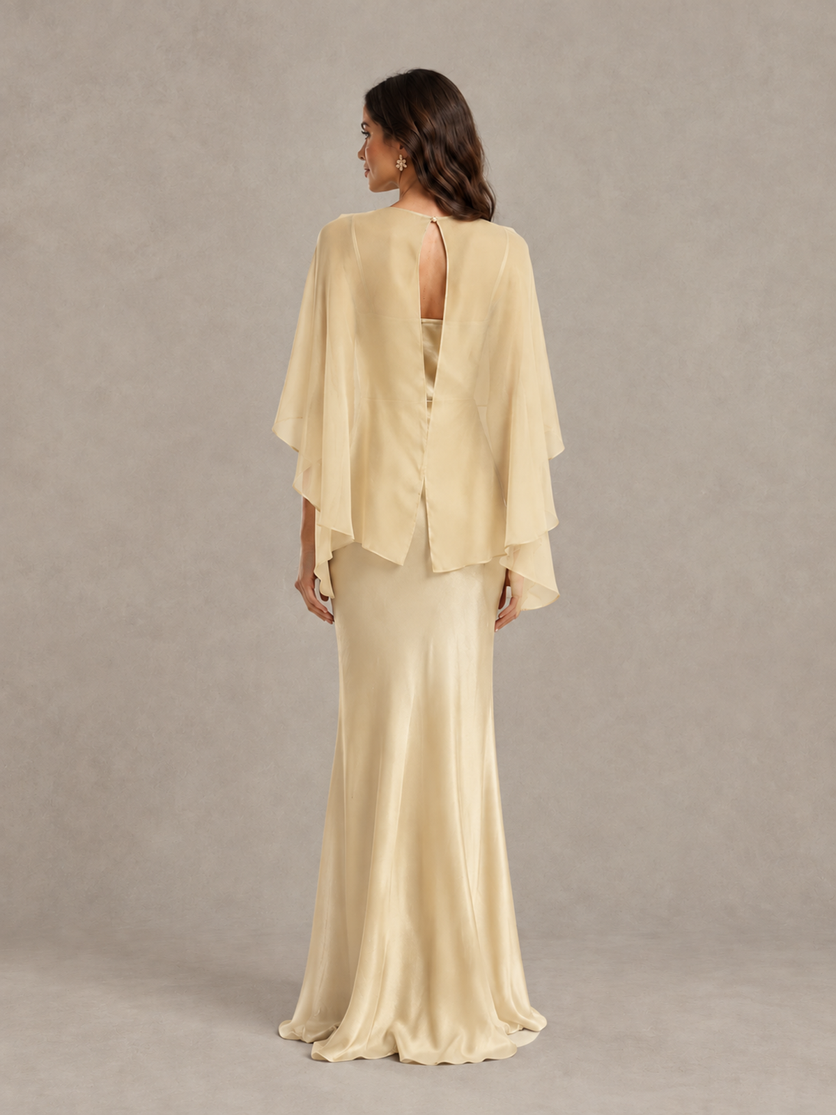 BOLODOO Champagne Satin Mermaid Bridesmaid Dress with Chiffon Cape - Champagne - Champagne (2)