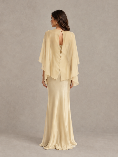 BOLODOO Champagne Satin Mermaid Bridesmaid Dress with Chiffon Cape - Champagne - Champagne (2)