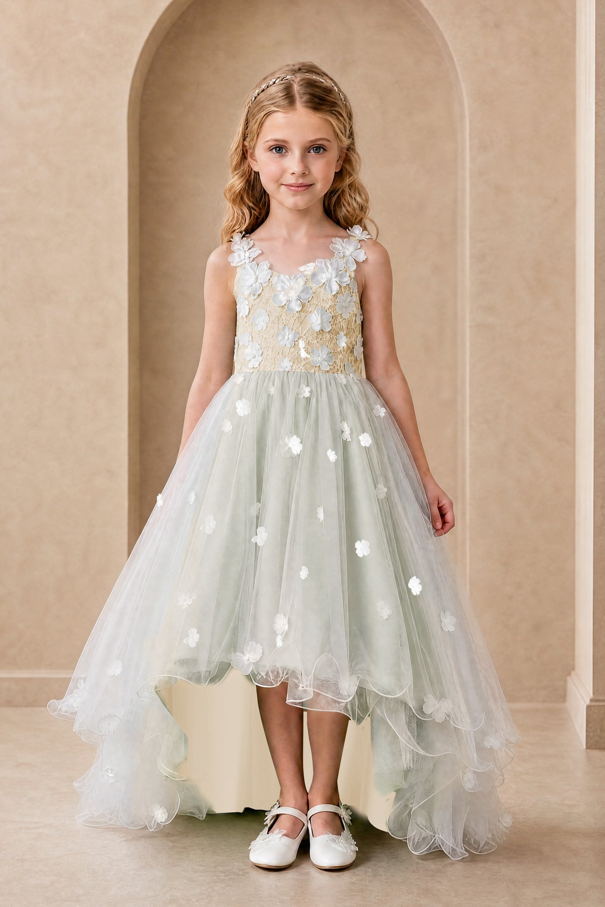 BOLODOO Champagne Flower Girl Dress with Floral Appliqué and High-Low Tulle Skirt - Champagne