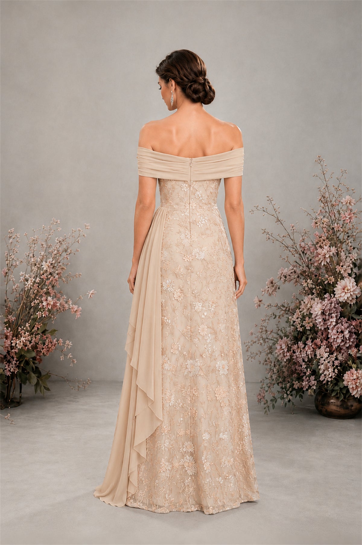 BOLODOO Champagne Floral Embroidered Off-Shoulder A-Line Floor Length Gown | Mother of the Bride & Evening - Champagne - Champagne (2)