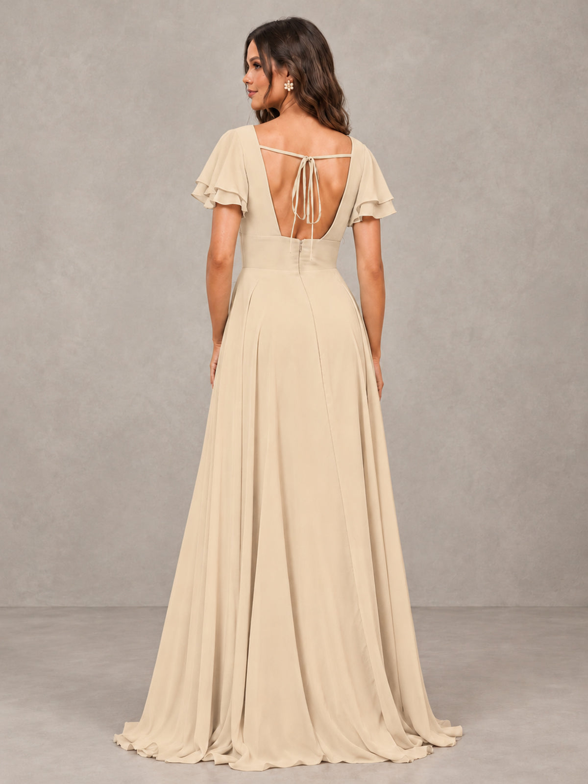 BOLODOO Champagne Flutter Sleeve Chiffon A-Line Maxi Bridesmaid Dress with Open Back & Slit - Champagne - Champagne (2)
