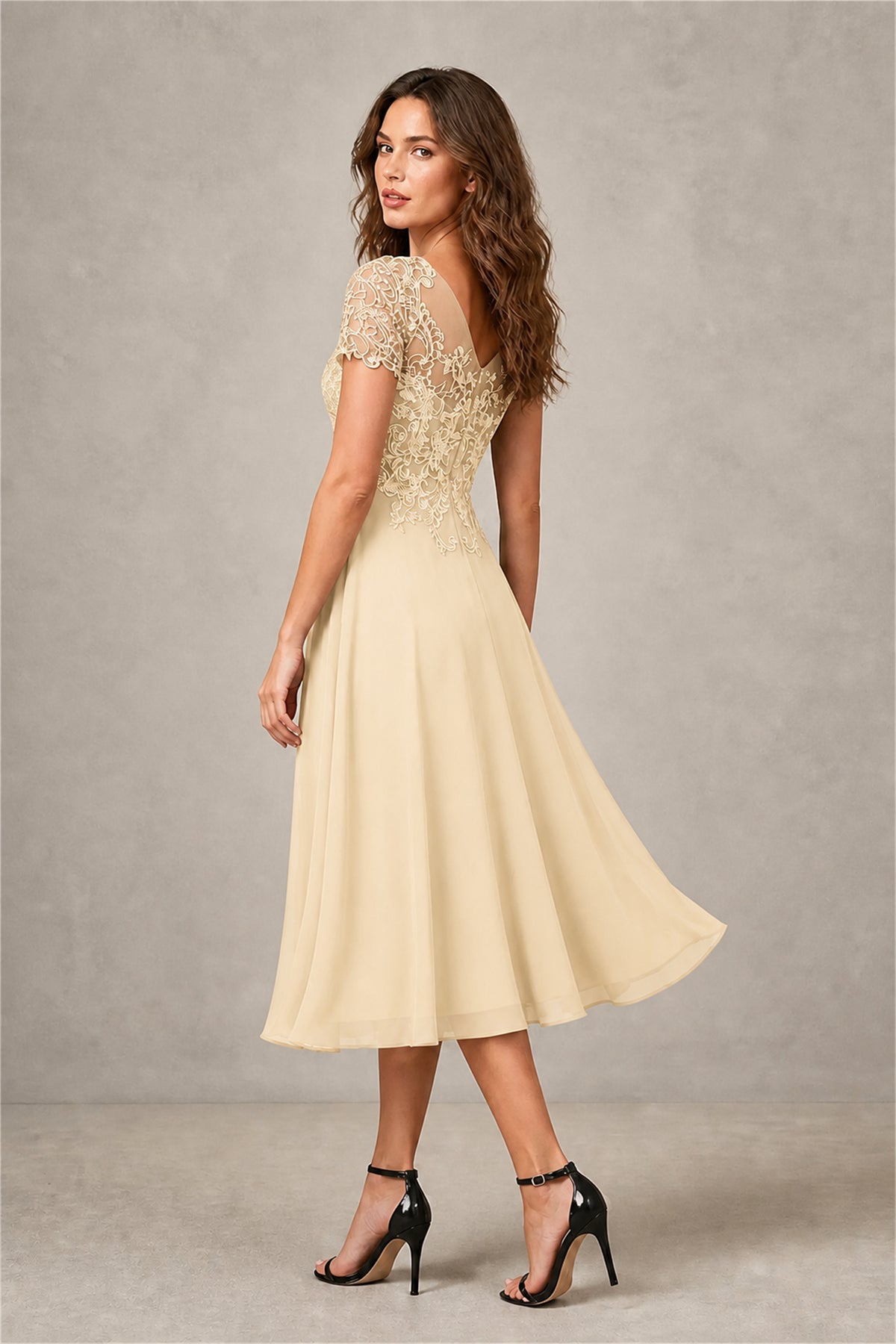 BOLODOO Steel Champagne Beaded Lace Illusion Bodice Chiffon Tea-Length Dress | Mother of the Bride & Cocktail Party - Champagne