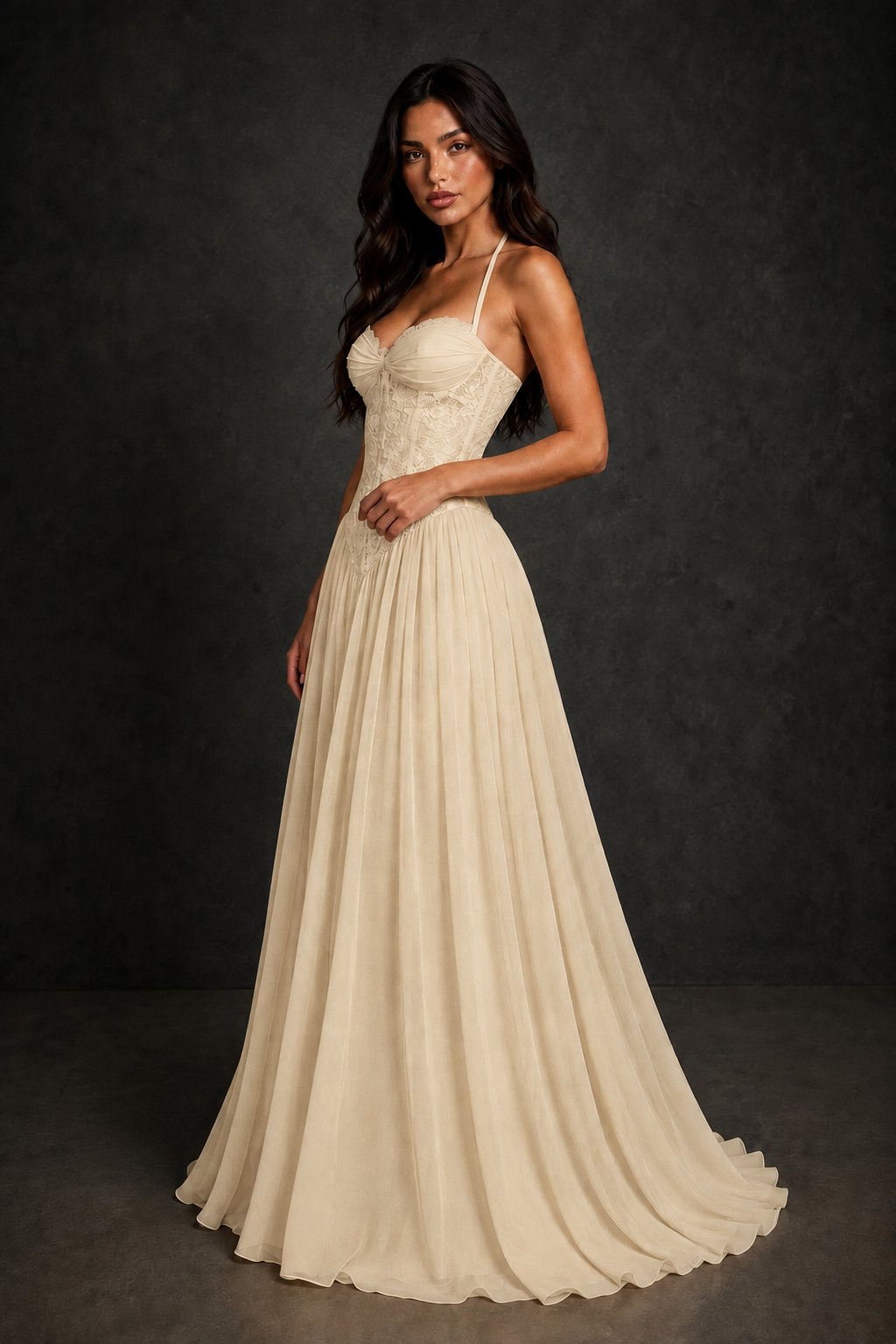 BOLODOO Champagne Lace Corset Halter Maxi Gown – Backless A-Line Formal Dress - Champagne