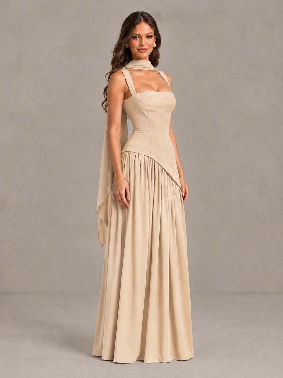 BOLODOO Champagne Brown Scarf Bridesmaid Dress with Lace-Up Back - Champagne - Champagne (3)