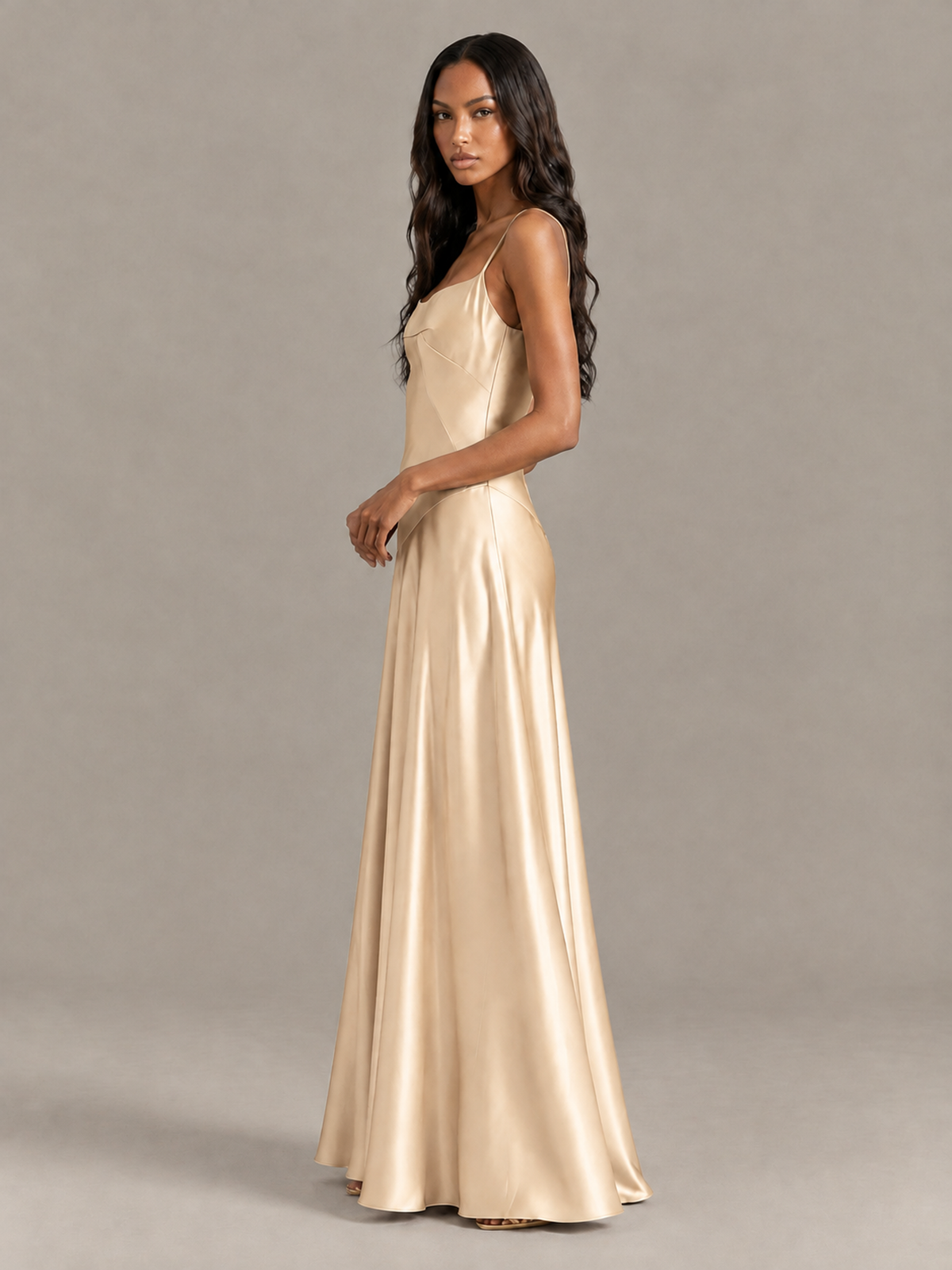 BOLODOO Champagne Satin Lace-Up Back Maxi Dress - Champagne