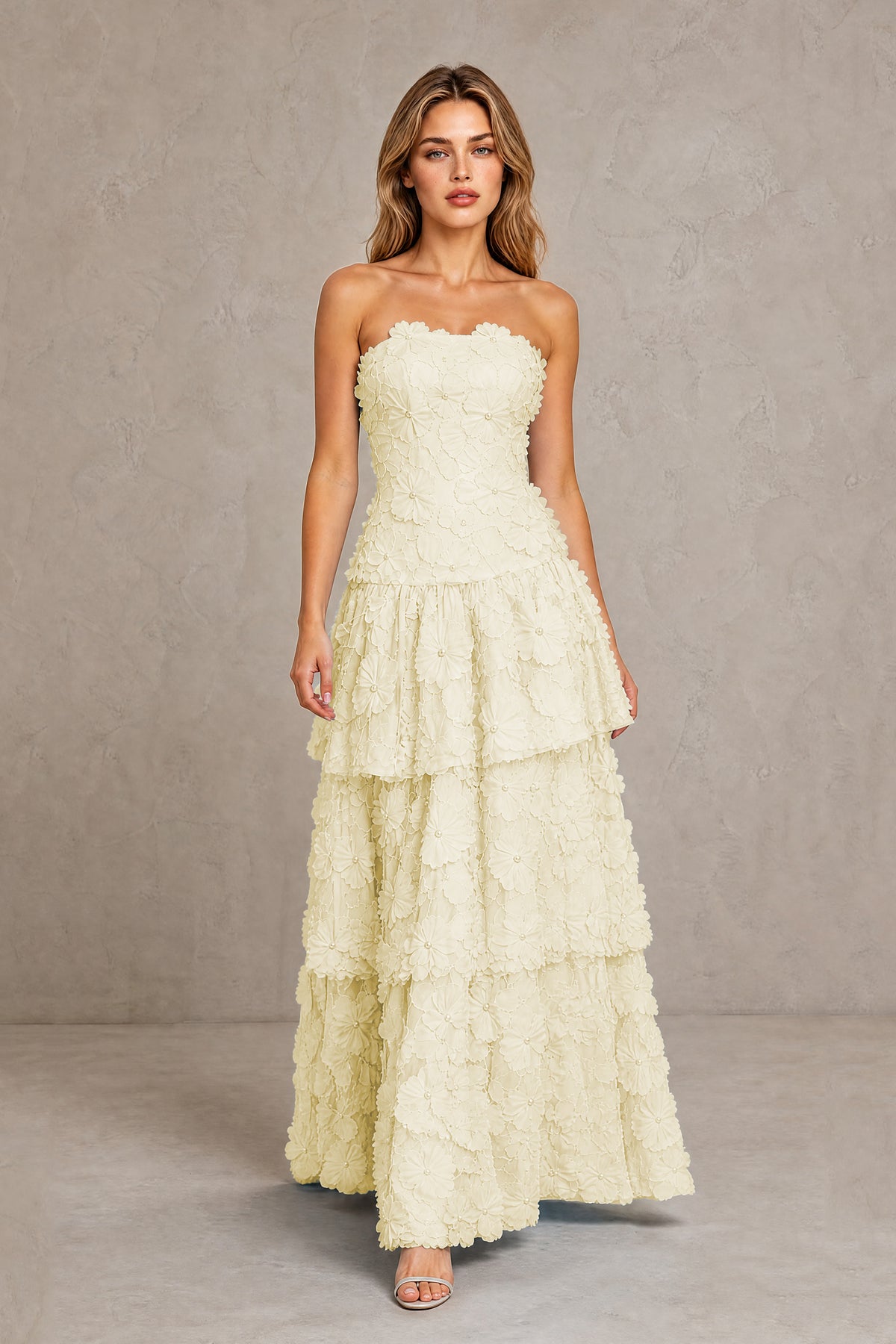 BOLODOO Champagne Strapless 3D Floral Tiered Evening Gown - Champagne