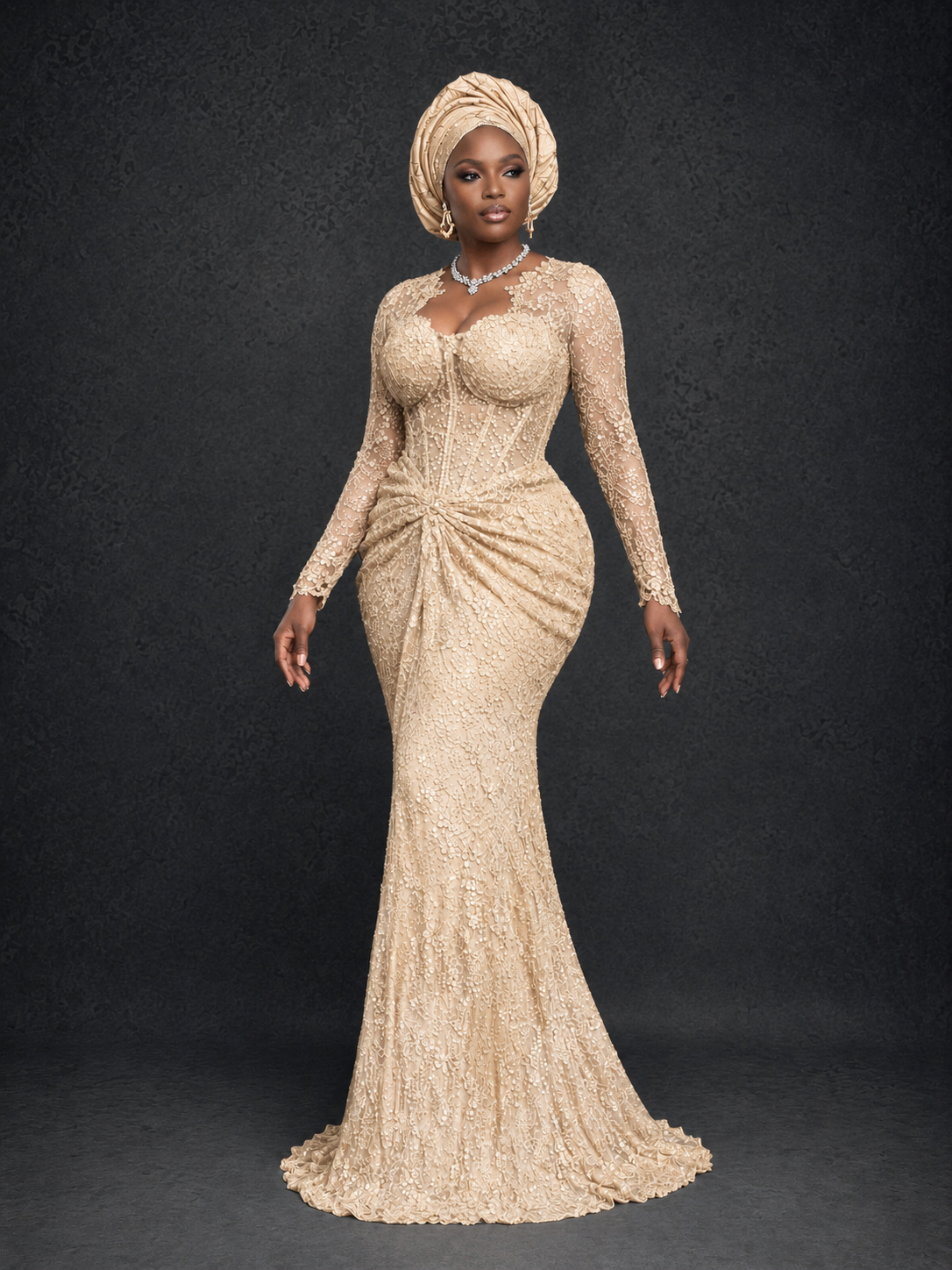 BOLODOO Champagne Beaded Lace Long Sleeve Mermaid Gown Sweetheart | Mother of the Bride - Champagne